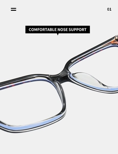 Macro view of blue TR90 square glasses frame showing comfortable integrated nose pads