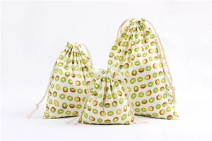 Three-piece set of cotton linen drawstring bags with fresh kiwi fruit print patterns