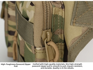 Detail of durable paracord zipper on camouflage tactical waist bag for outdoor hiking