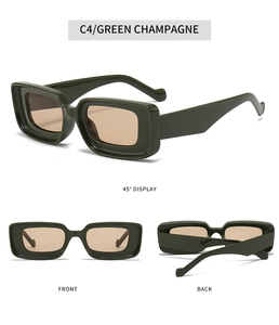 Deep green rectangular sunglasses with champagne lenses shown from multiple angles