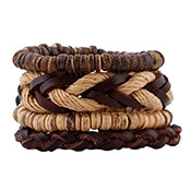 Macro detail of braided leather bracelets with natural wooden beads in a 4-piece set