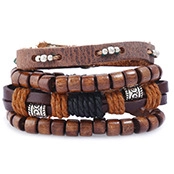 Detail of layered brown leather and wood bead bracelet with braided rope textures