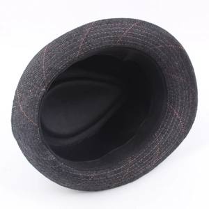 British style dark grey wool fedora hat with orange plaid pattern for men in winter