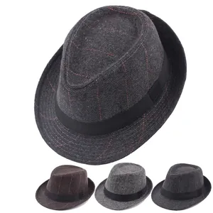 British style wool fedora for men featuring vintage herringbone pattern and ribbon band