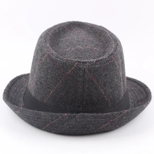 Classic men's grey herringbone fedora with orange diamond stitching and black ribbon