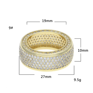 Hip hop gold plated ring with cubic zirconia showing 10mm width and 19mm inner diameter