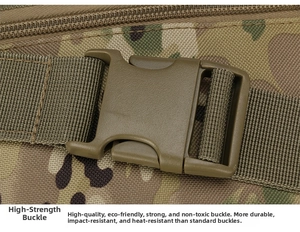 Detail of high-strength plastic buckle and heavy-duty nylon strap on camouflage bag