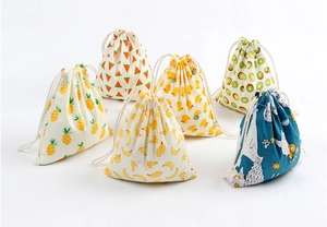 Set of six cotton drawstring storage bags with colorful fruit and animal prints