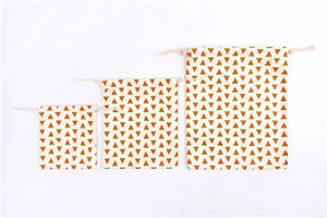 Three sizes of cotton linen drawstring bags with geometric watermelon pattern prints