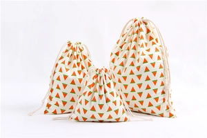 Three-piece set of cotton linen drawstring bags featuring red watermelon prints
