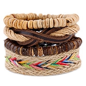 Macro detail of 4-piece woven leather bracelet set with wooden beads and ethnic cords