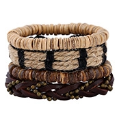Detail of vintage braided leather bracelet set with wooden beads and bronze rivets