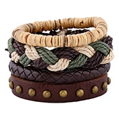 Close-up of four stacked men's leather and beaded bracelets with metal rivet details