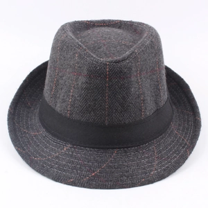 British style dark grey plaid fedora hat with wool texture and black ribbon band