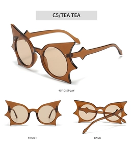 Trois vues de lunettes de soleil hip hop en forme de chauve-souris thé transparent C5