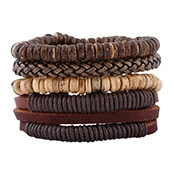 Detail of stacked vintage leather bracelets with wooden beads and woven rope textures