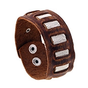 Close-up of a vintage dark brown leather wide bracelet with silver alloy rectangle studs