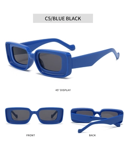 Three-angle view of C5 blue black rectangular thick frame sunglasses with grey lenses