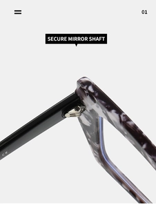 Detail of secure metal hinge and marble pattern frame on TR anti-blue light glasses