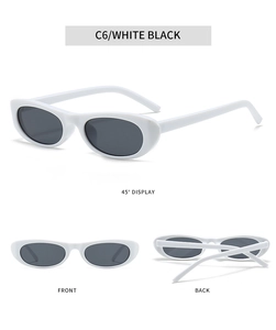 Trois vues de lunettes de soleil ovales rétro avec monture blanche et verres noirs