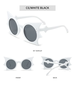 Trois vues de lunettes de soleil blanches en forme de chauve-souris avec verres noirs fumés