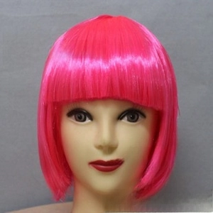 Detail view of bright pink synthetic bob wig with neat bangs on a mannequin head