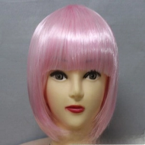 Detail view of pink bob wig with flat bangs and inner-curved ends on a mannequin head