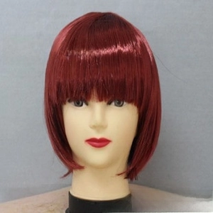 Close-up of wine red short bob wig with flat bangs on a mannequin display head