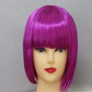 Detailed view of vibrant purple Bob wig with flat bangs on a mannequin head