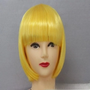 Front view of a bright yellow bob wig with straight bangs on a mannequin head