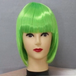 Detail view of bright green short bob wig with flat bangs and high-shine synthetic fiber