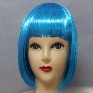 Detailed front view of blue synthetic bob wig with flat bangs on a mannequin head