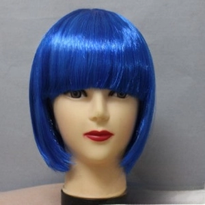 Close-up of bright blue synthetic bob style wig with straight fringe for kids