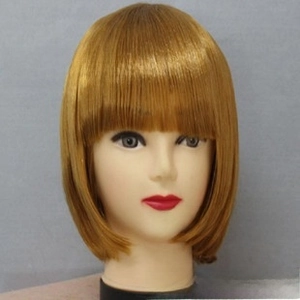 Front view of a golden brown bob style synthetic wig with flat bangs on a mannequin head