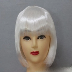Detailed view of white short bob wig with straight hair and neat bangs on a mannequin