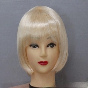 Front detail of platinum blonde bob wig with flat bangs on a mannequin head