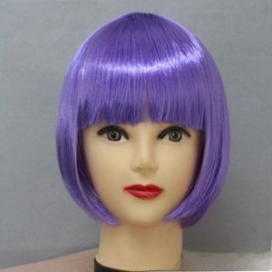 Detailed view of vibrant purple bob wig with straight bangs made of synthetic heat-resistant fibers