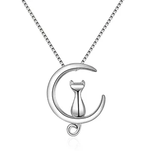 Cat On Moon Pendant Necklace Copper AAA Zircon Silver Plated Fashion Jewelry Accessory For Women