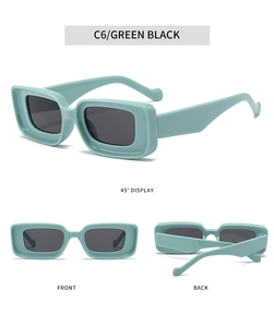 Three-angle views of mint green rectangle sunglasses with thick Y2K style frames