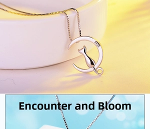 Close-up of S925 sterling silver moon and cat silhouette pendant with hallmark detail