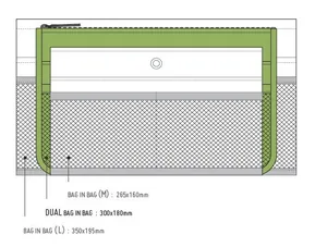 Size chart for bag-in-bag organizer showing M, Dual, and L dimensions in millimeters