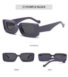 Detailed multi-angle views of stylish purple rectangular sunglasses with dark lenses
