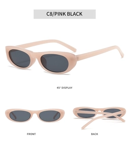 Vue sous trois angles de lunettes de soleil ovales roses avec verres noirs, de face et profil