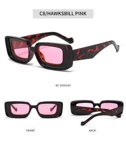 Multi-angle views of retro rectangle sunglasses in hawksbill pink with thick frames
