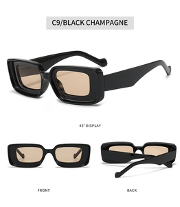 Detail view of retro wide-frame sunglasses in black and champagne from multiple angles