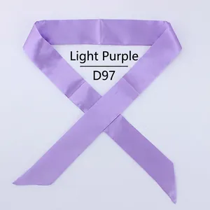 Detail of light purple satin skinny scarf tied in a V-shape showing silk gloss and texture