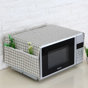 Linen microwave dust cover with black white plaid pattern, lace trim and side storage pockets