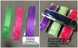 Detail showing solid color narrow silk scarves in OPP bag packaging and 20-piece bundles