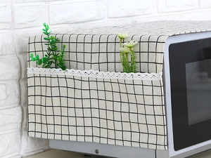 Linen microwave dust cover with black grid pattern, white lace trim and side storage pockets
