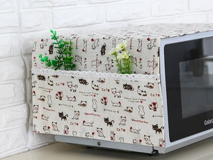 Linen microwave dust cover with cute cat patterns and white lace side storage pockets